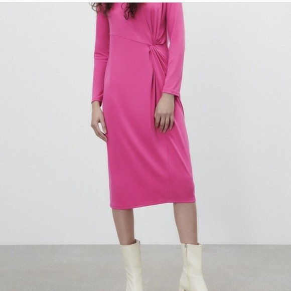 NWOT ZARA BLOGGERS FAV PINK KNOT FRONT DETAIL MIDI DRESS STRETCH MEDIUM - Picture 3 of 12